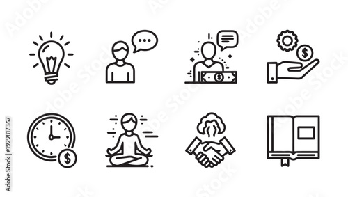 Business Icons Set: Idea Communication Finance Time Yoga Deal Book
