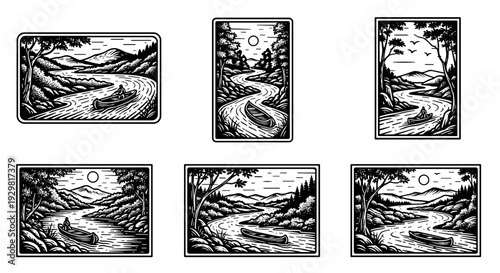 Vintage Engraving Style River Landscape with Canoe.