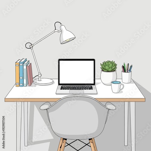 A modern and organized home office workspace with a laptop, lamp, and other office essentials. This well-lit setup inspires creativity and productivity. 