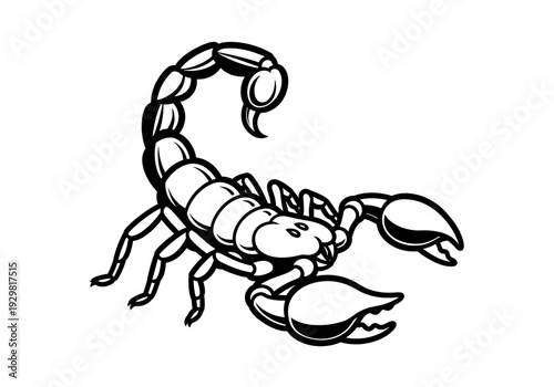 Black and white illustration of a scorpion with its tail curled up and claws open.