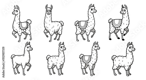 Collection of various llama illustrations in black and white outline style.