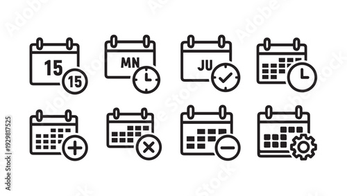 Calendar Icons Set with Time Date Add Delete Settings Checkmark Cancel and Round Badge