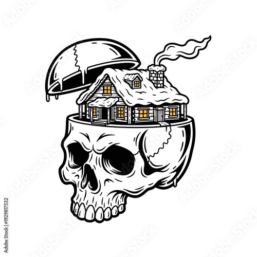 Skull with a cozy house inside, representing thoughts of home and comfort.