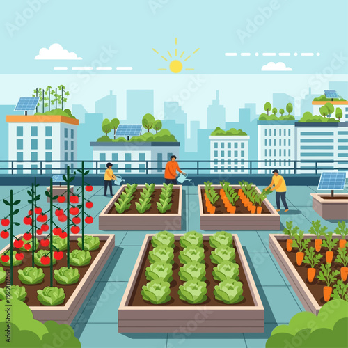 A rooftop garden with people tending to various plants, featuring cityscape and solar panels. They are watering the plants and basking in the sun
