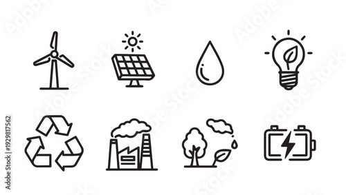 Clean Energy Icons: Wind Turbine Solar Panel Water Drop Light Bulb Recycle Factory Tree Battery