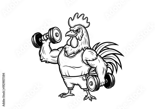Strong Rooster Lifting Dumbbells in a Dynamic Workout Pose.
