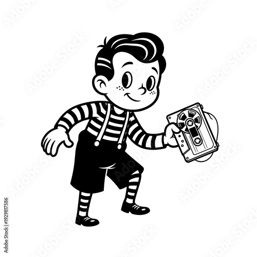 Retro cartoon boy holding a vintage reel-to-reel tape recorder.