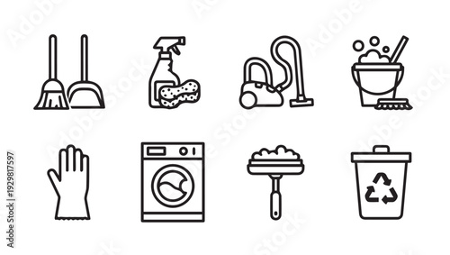 Cleaning Supplies Icons SetBroom Vacuum Washing Machine Bucket Gloves Trash