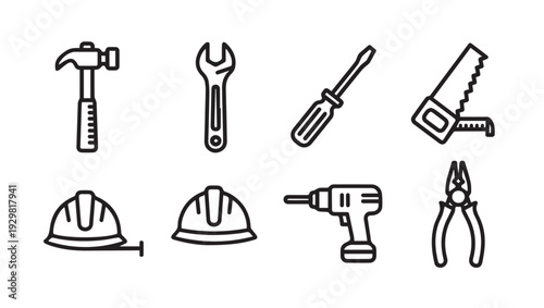 Collection of construction and repair tools safety helmet and tape measure icons on white background