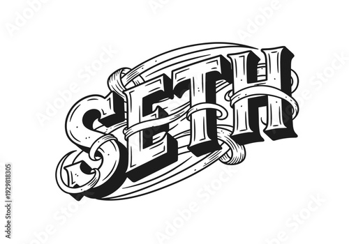 Hand-drawn SETH lettering in a vintage, decorative style with ribbons and shading.