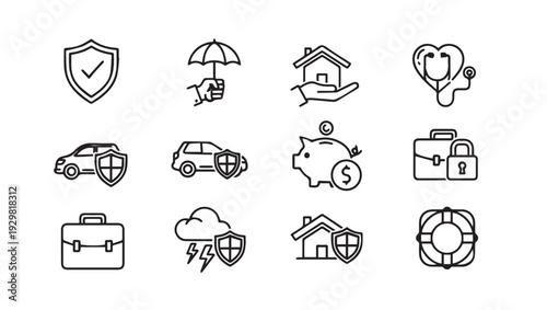 Collection of Insurance Icons: Shield Umbrella House Car Piggy Bank Health Briefcase
