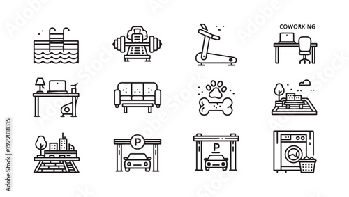 Collection of icons representing amenities: swimming pool gym treadmill coworking desk couch dog park city parking car laundry