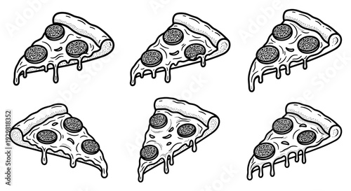 Six delicious slices of pepperoni pizza with melted cheese, hand-drawn in a classic cartoon style.