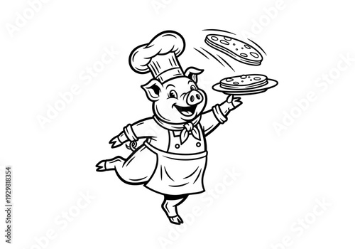 Happy pig chef tossing pancakes in the air, a delightful culinary scene.
