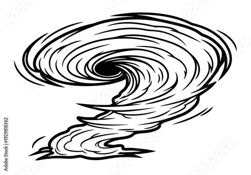 Powerful swirling tornado black and white cartoon illustration.