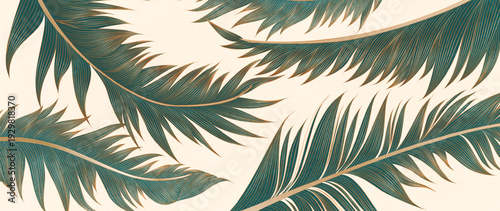 Luxurious art backdrop featuring tropical plant leaves with gold line art elements. Botanical banner for decor, wallpaper, prints, textiles, posters, interior design, and packaging.
