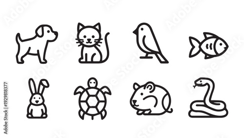 Collection of Pet Icons Line Art: Dog Cat Bird Fish Rabbit Turtle Hamster Snake