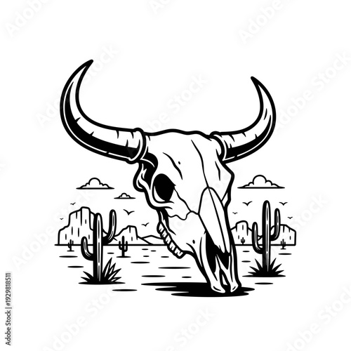 Monochromatic illustration of a bull skull, capturing its stark and iconic form.