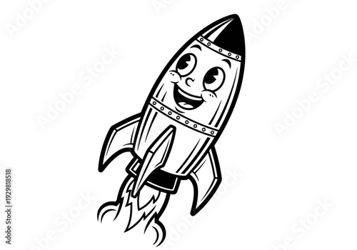 Happy Cartoon Rocket Flying Upwards in Black and White.