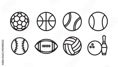 Collection of Sports Balls Icons and Bowling Pin: Soccer Basketball Tennis Baseball Football Volleyball BowlingVector Art