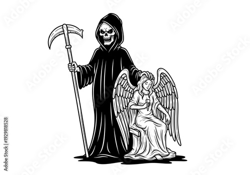 Grim Reaper and Angel Statue Black and White Illustration.