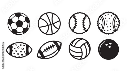 Collection of Sports Balls Line Art Icons Vector Graphics Isolated on White Background