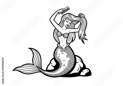 Mermaid combing her long flowing hair while sitting on a rock.