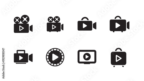 Collection of video camera and play button icons for media and entertainment concepts