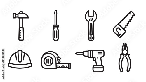 Construction Tools Icons Set Vector IllustrationSimple Line Art Collection