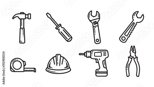 Construction Tools Icons Set: Hammer Screwdriver Wrench Drill Pliers Tape Measure Hard HatLine Art