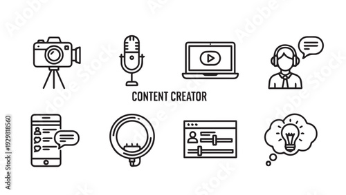 Content Creator Icons: Camera Microphone Laptop Phone Ring Light Settings Idea and CommunicationVector