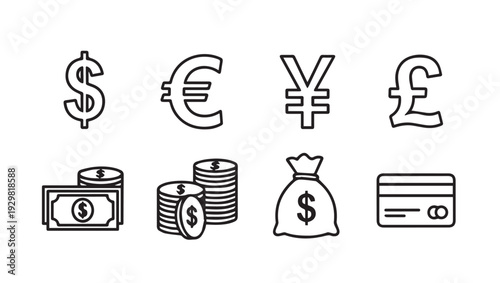 Currency Symbols and Money Icons: Dollar Euro Yen Pound Coins Cash Bag Card