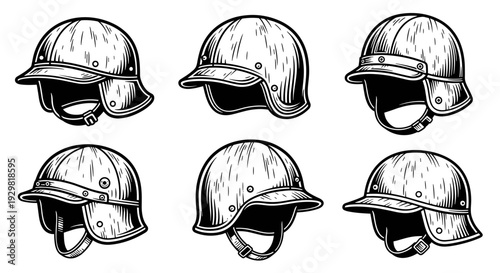 Collection of Vintage Motorcycle Helmets in Sketch Style.