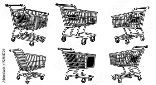 Collection of six hand-drawn vintage shopping carts in various perspectives.