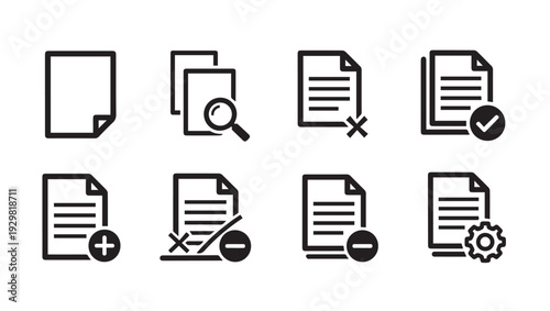 Document Icons Set: Search Add Delete Settings Checkmark Cancel Minus Blank Page