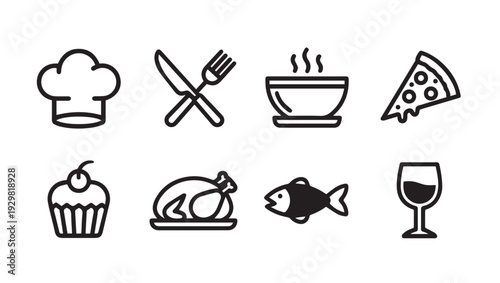 Food Icons Set: Chef Hat Cutlery Soup Pizza Cupcake Chicken Fish Wine Glass