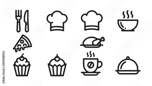 Food Icons Collection: Fork Knife Pizza Cupcake Roast Chicken Coffee Soup Dish CoverLine Art