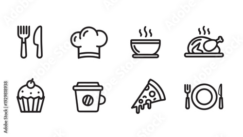 Food Icons Set: Fork Knife Chef Hat Soup Chicken Cupcake Coffee Pizza PlateVector Illustration