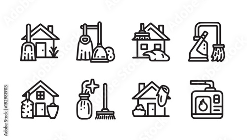 Home Cleaning Icons Set: House with Broom Mop Bucket Sprayer and Vacuum
