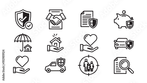 Insurance Icons Set: Protection Home Car Family Health Finance SecurityLine Graphics