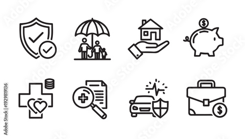 Insurance Icons Set: Shield Family Home Piggy Bank Health Document Car Briefcase