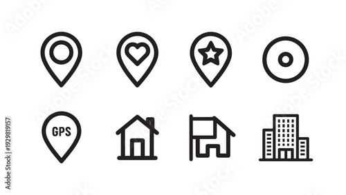 Fotografie Location Pin Icons Set: Home GPS Heart Star Building Map Marker