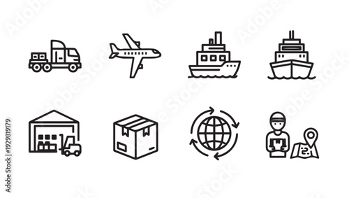 Wallpaper Mural Logistics and Shipping Icons: Truck Plane Ship Warehouse Package Globe Delivery Torontodigital.ca