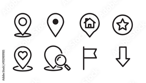 Location Pin Icons Set: Navigation Search Home Favorite Flag Down Arrow Vector Graphics