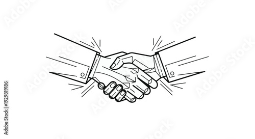 Handshake agreement partnership business deal illustration, two hands shaking in a professional corporate setting with motion lines, symbolizing success and teamwork