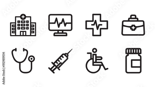 Medical Icons Set: Hospital Heartbeat Monitor Cross First Aid Kit Stethoscope Syringe Wheelchair Pills