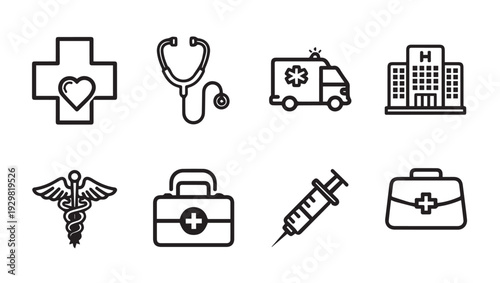 Medical Icons Set: Stethoscope Ambulance Hospital Syringe Caduceus Cross First Aid Kit