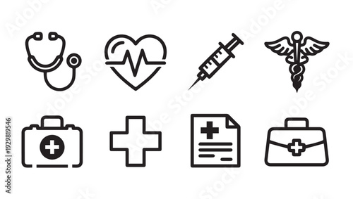 Medical Icons Set: Stethoscope Heartbeat Syringe Caduceus First Aid Kit Cross Document Bag