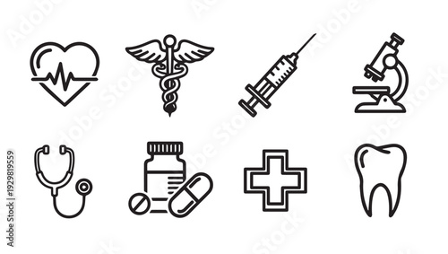 Medical Icons Set: Heartbeat Caduceus Syringe Microscope Stethoscope Pills Cross Tooth