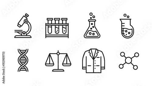 Science and Research Icons: Microscope DNA Test Tubes Flasks Lab Coat Scale Molecule